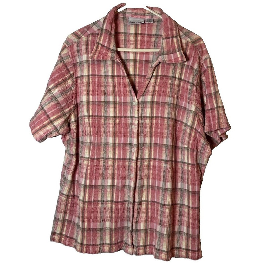 Fashion Bug Womens 22/24W Plaid Button Up Shirt Pink Cotton Stretch Plus Size